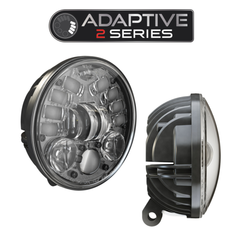 LED Motorcycle Headlight Model 8691 Adaptive 2 with Black Bezel, 3/4 and Side View