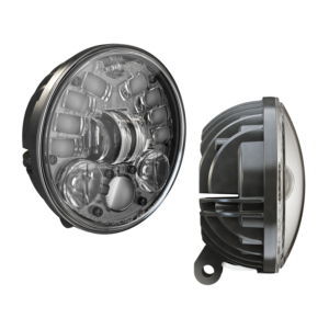 LED Motorcycle Headlight Model 8691 Adaptive 2 with Black Bezel, 3/4 and Side View