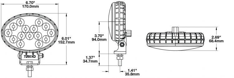 LED Work Light Model 7250 XD Dimensions